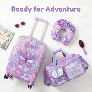Kids Butterfly 4-Piece Luggage Set with Duffle Bag | 18" Girls Hardside Spinner Suitcase Travel Gear | Cute Purple Carry-On Trolley with Neck Pillow & Luggage Tag smooth zipper