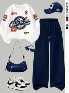 Women's Casual Loose Fit Hoodie Set, Letter Number Print, Two-Piece for Fall & Winter, Comfortable and Stylish