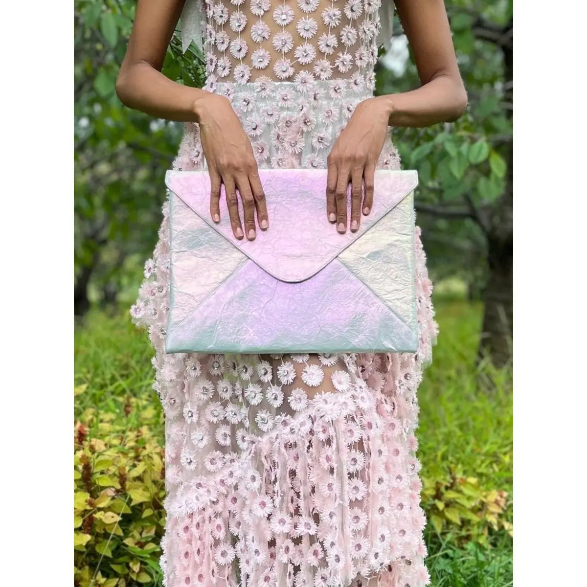 Mushroom Leather Envelope Clutch with Silk Metallic Lining