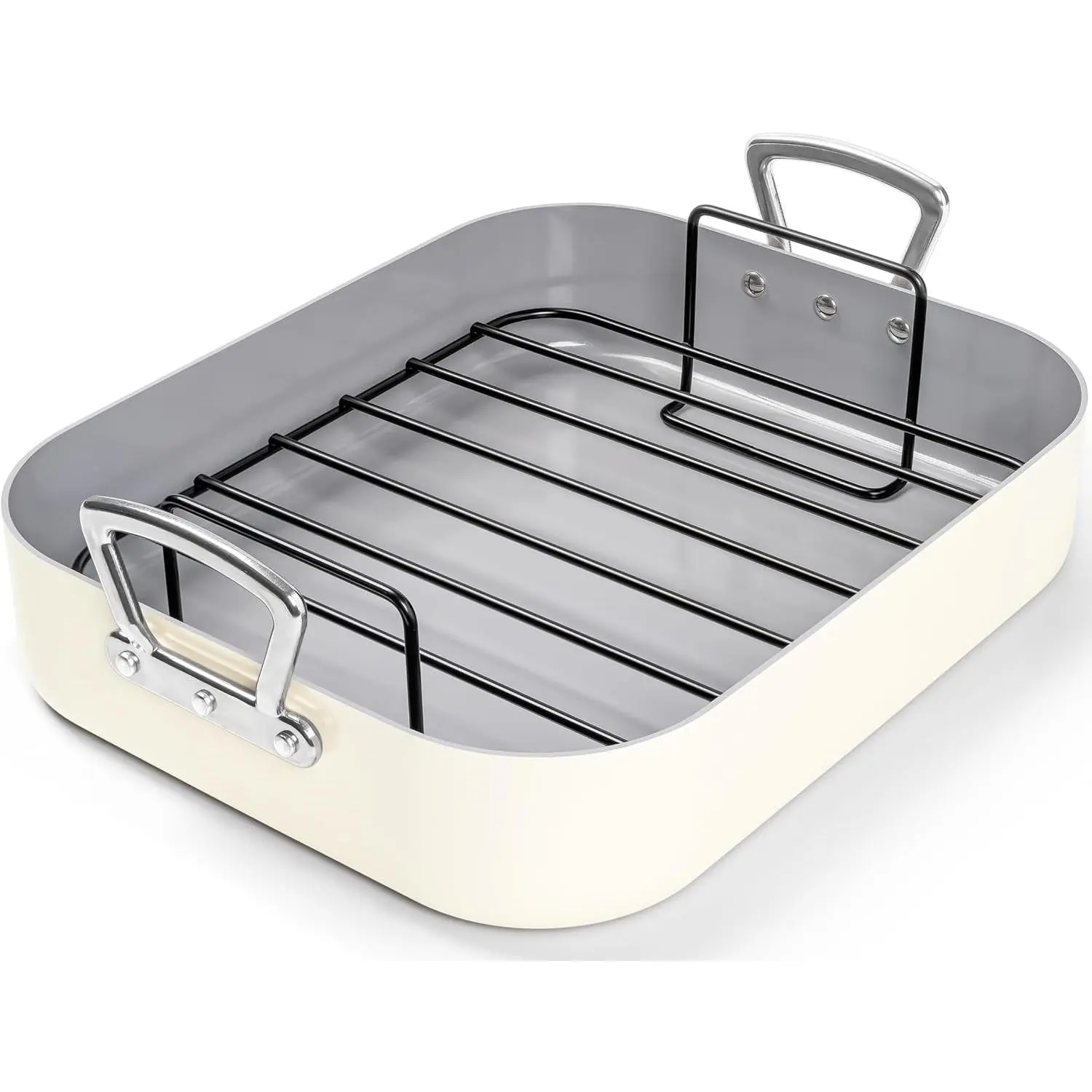 Ceramic Baking Tray with Rack Turkey Roasting Tray Non-Stick Ceramic Coating Deep Turkey Roasting Tray 15inchx13inch - Beige