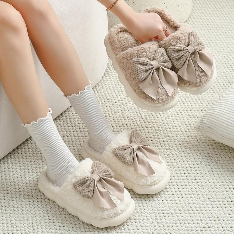 Women’s Bow Slipper Shoes – Warm Indoor House Slippers with Non-Slip Thick Sole, Cozy Soft Plush Lining, Winter Home Shoes for Bedroom, Office, & Living Room Comfort