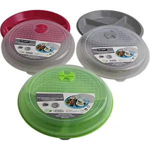 3-Pack Divided Microwave Plates with Vented  - Mixed Colors -   Plates for Portion Control, Meal Prep & Leftovers - Stackable, Freezer & Dishwasher Safe