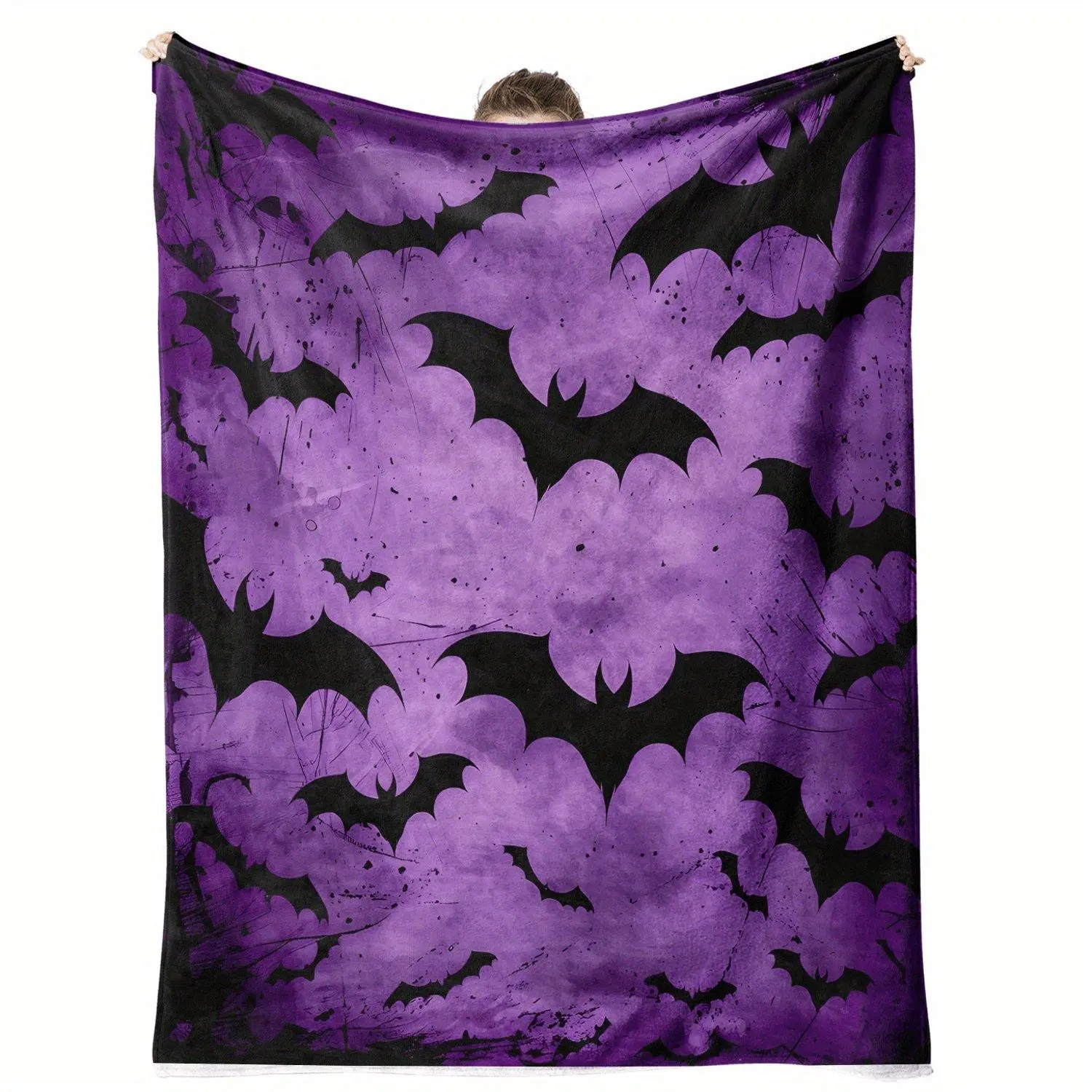 1pc Soft Flannel Bat & Pumpkin Halloween Blanket - Purple & Black Cozy All-Season Throw for Bed, Sofa, Camping - Gothic Bedspread, Witch-Themed Party Decor, Contemporary Bedding Accessory with Bat Silhouettes