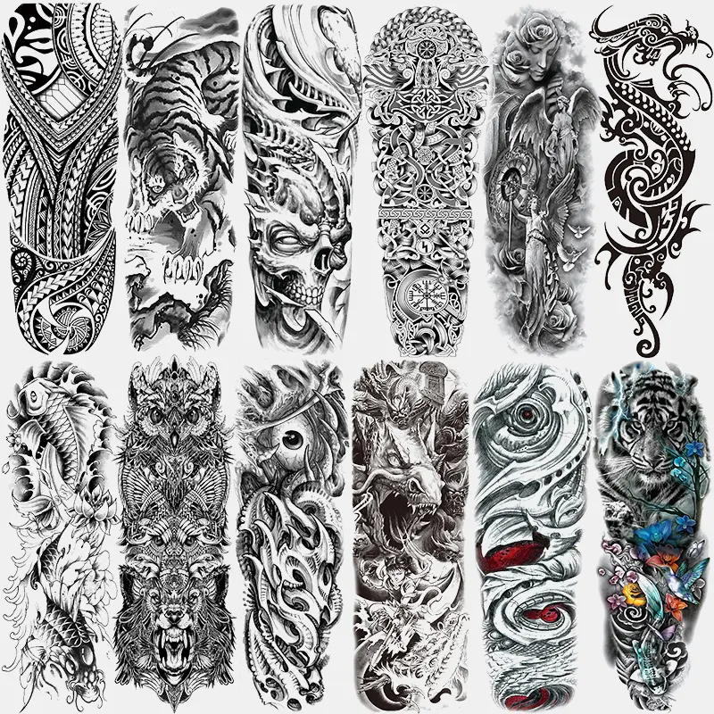 12 Sheets Full Arm Temporary Tattoos, Tattoo Stickers, Aesthetic Tattoo Merch, Realistic Devil Fake Tattoo, Totem Tiger Dragon Koi Evil Eye Design, Waterproof Long-Lasting Body Art