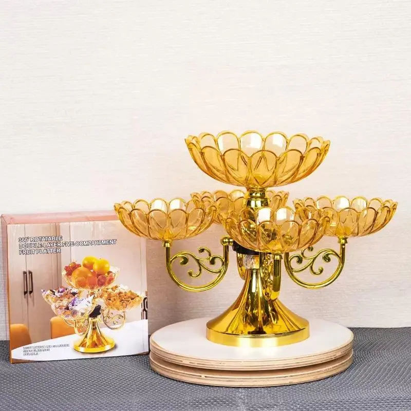 Premium rotating fruit platter, European-style double-layer crystal fruit bowl, for home use, ideal for storing snacks, dried fruits, and candies