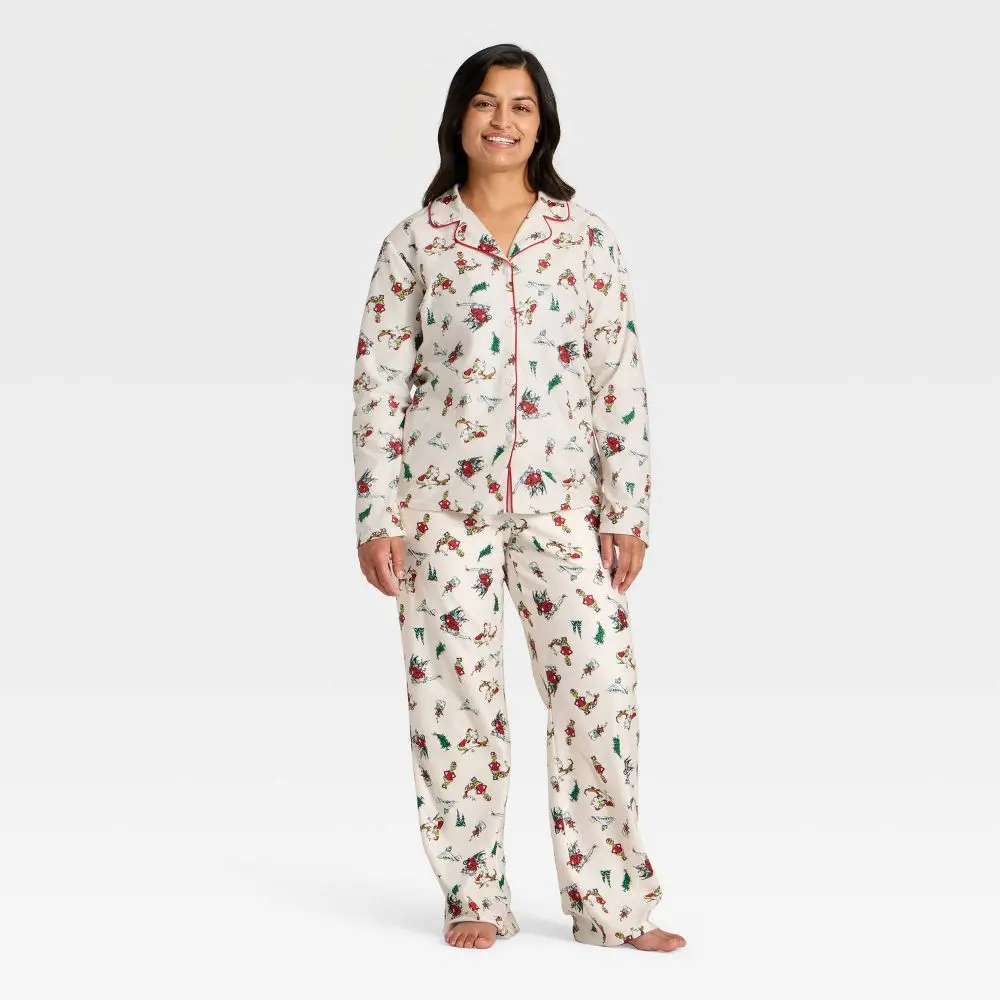 Women's The Grinch Print Long Sleeve Shirt and Pants Holiday Matching Family Pajama Set