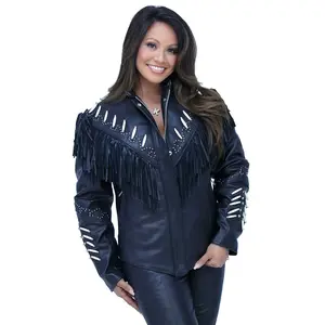 Genuine Bone Studded Fringe Leather Jacket #L1615FBK