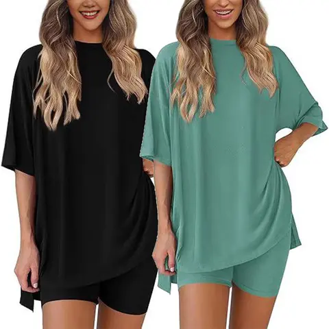 Women's 2026 Summer Casual Basic 2-Piece Sets - Crew Neck Half-Sleeve Oversized Shirt & Fitted Split Hem Shorts, Plus Size Clothes for Women for Airport & Lounge