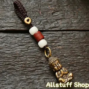 Vintage Tathagata Buddha Pendant Keychain, Ancient Style Safe Driving Car Keyring, Hand-Woven Rope with White Beads, Unisex Bag Pendant, DIY Accessory