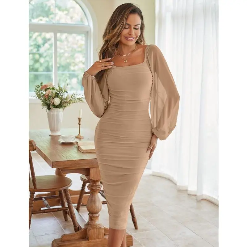 MEROKEETY Women's Ruched Mesh Bodycon Dress Puff Sleeve Square Neck Midi Dress, Elegant & Flattering Look for Date Night or Cocktail Parties - TikTok Shop MEROKEETY Women's Ruched Mesh Bodycon Dress Puff Sleeve Square Neck Midi Dress, Elegant & Flattering Look for Date Night or Cocktail Parties - TikTok Shop