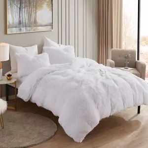 Plush Shaggy Comforter & Pilowsham Set Ultra Soft Luxurious Faux Fur Decorative Fluffy Crystal Velvet Bedding, Queen, White