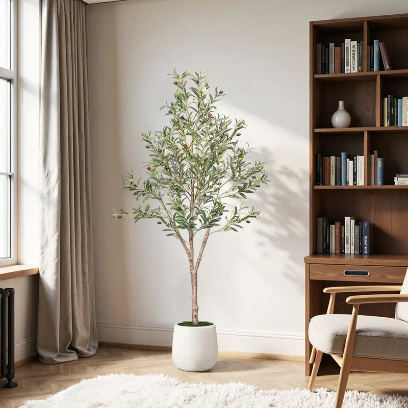Artificial Olive Tree (5ft-6ft-7ft) - Indoor Faux Plant with Tall White Planter, Natural Wood Trunk, Lifelike Fruit, Room Accessories for Bedroom, House Decor