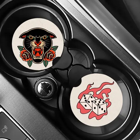 Traditional Tattoo Design Car Coaster Set - Neoprene Decoration for Customizable Car Interior Protection & Moisture Absorption