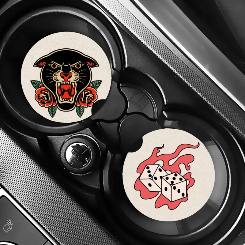 Traditional Tattoo Design Car Coaster Set - Neoprene Decoration for Customizable Car Interior Protection & Moisture Absorption