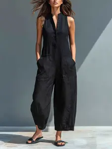 Women's Jumpsuit, Sleeveless Wide-Leg Utility Romper, V-Neck Button Front with Pockets, Casual Summer Vacation Outfit