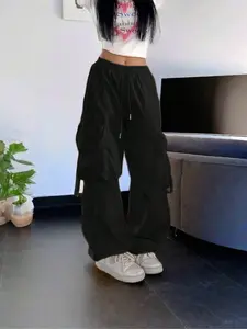 Women's Wide Leg Cargo Pants with Pockets, Elastic Waist Drawstring, Casual Streetwear, Comfortable Travel Trousers, Lightweight Women's Clothing