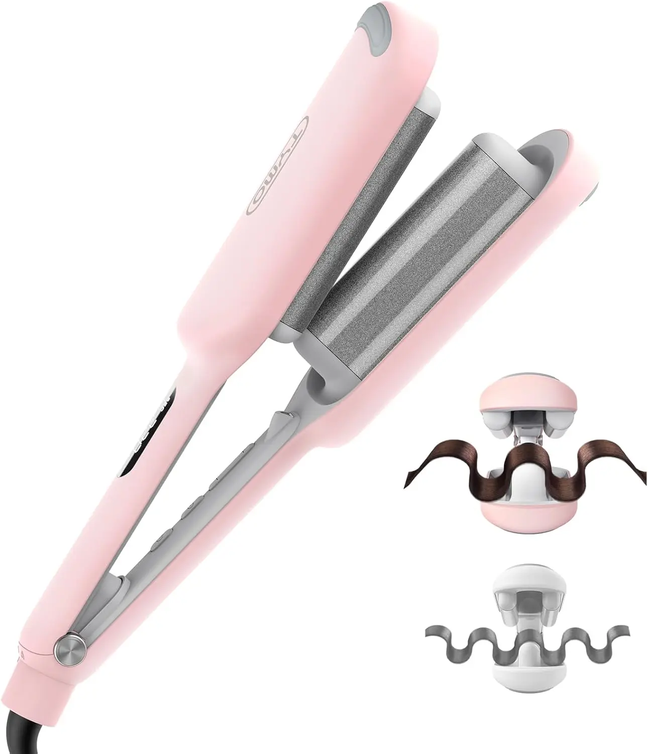 Curling Iron Hair Crimper Waver, TYMO ROVY Beach Waves Hair Curler | Ionic Curling Wand, 3 Barrel Crimper Hair Tool for Women, Dual Voltage, Anti-Scald, Easy to Use, Pink, 1.25 Inch