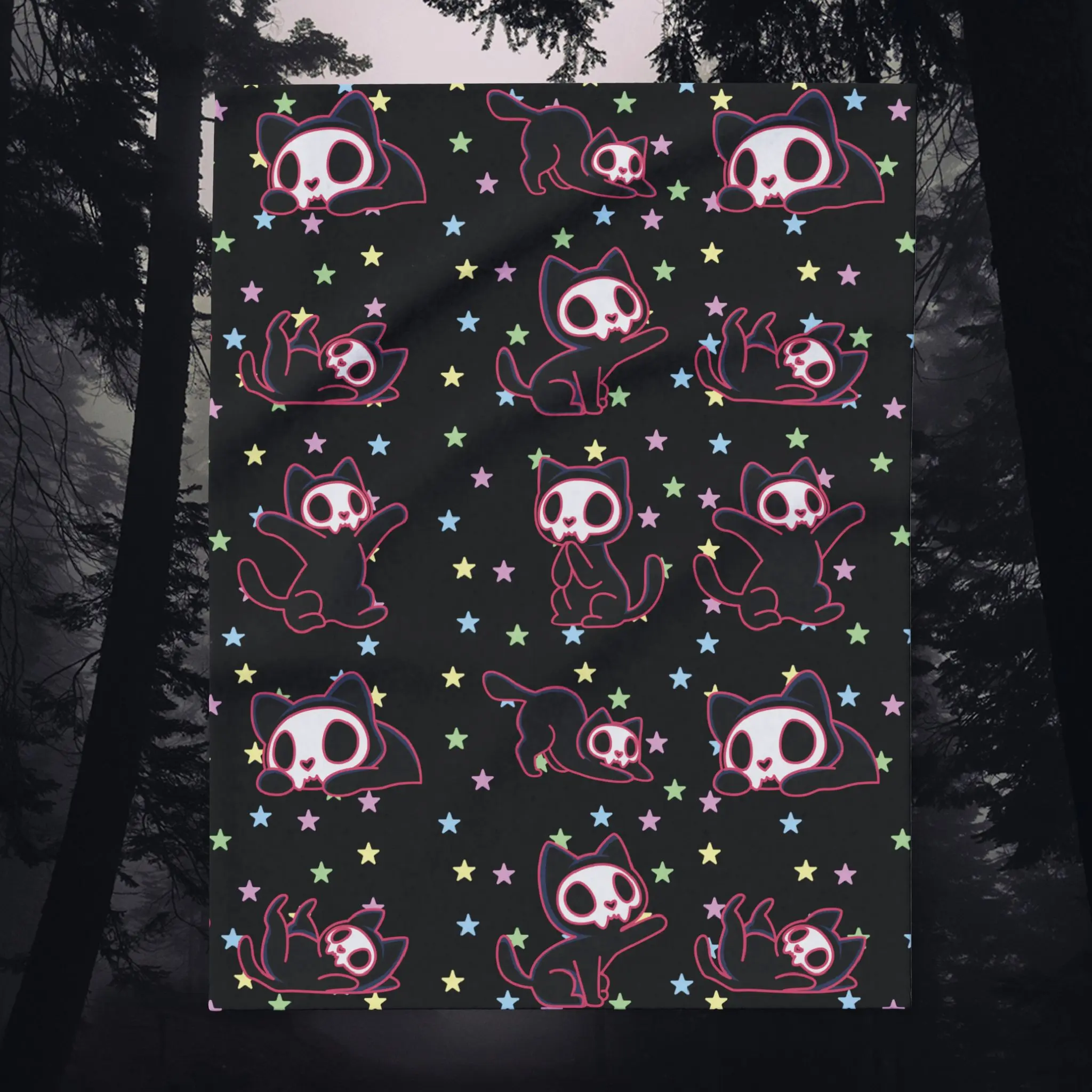 Neon Skull Cat pattern Arctic Fleece Blanket | pastel stars, kawaii goth