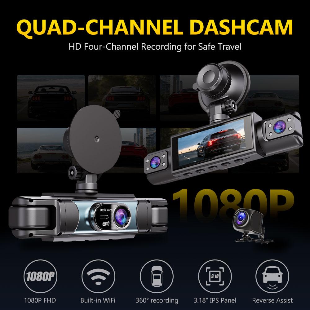 4 Channel Dash Cam 1080P FHD 360° Surround View, 3.18" IPS Display, Built-in 2.4GHz WiFi App Control, WDR, Loop Recording, Reverse Assist, 4 Lens Front Rear Inside Left Right Car Driving Recorder-YY