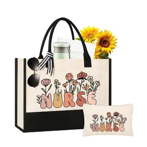 Nurse Canvas Tote Bag Gift Set – 2 Pack Large Zipper Tote with Makeup Bag, Appreciation Gifts for Nurse Graduation, Retirement, RN, LPN, Friends"