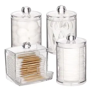 Bathroom Organizer Accessories Set 4 Pcs 10 OZ 7 OZ Qtips Holder Storage with Lids Cotton Ball Swabs Dispenser Apothecary Container Jar Compact Plastic Containers for Tools Coins Keys Vanity