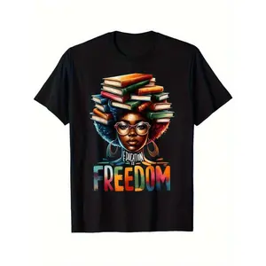 Summer t Shirts Men's Black History Month Cotton T-Shirt - Education Is Freedom Design with Books & Dreadlocks Graphic Golf Gift T-Shirt For Men and Women
