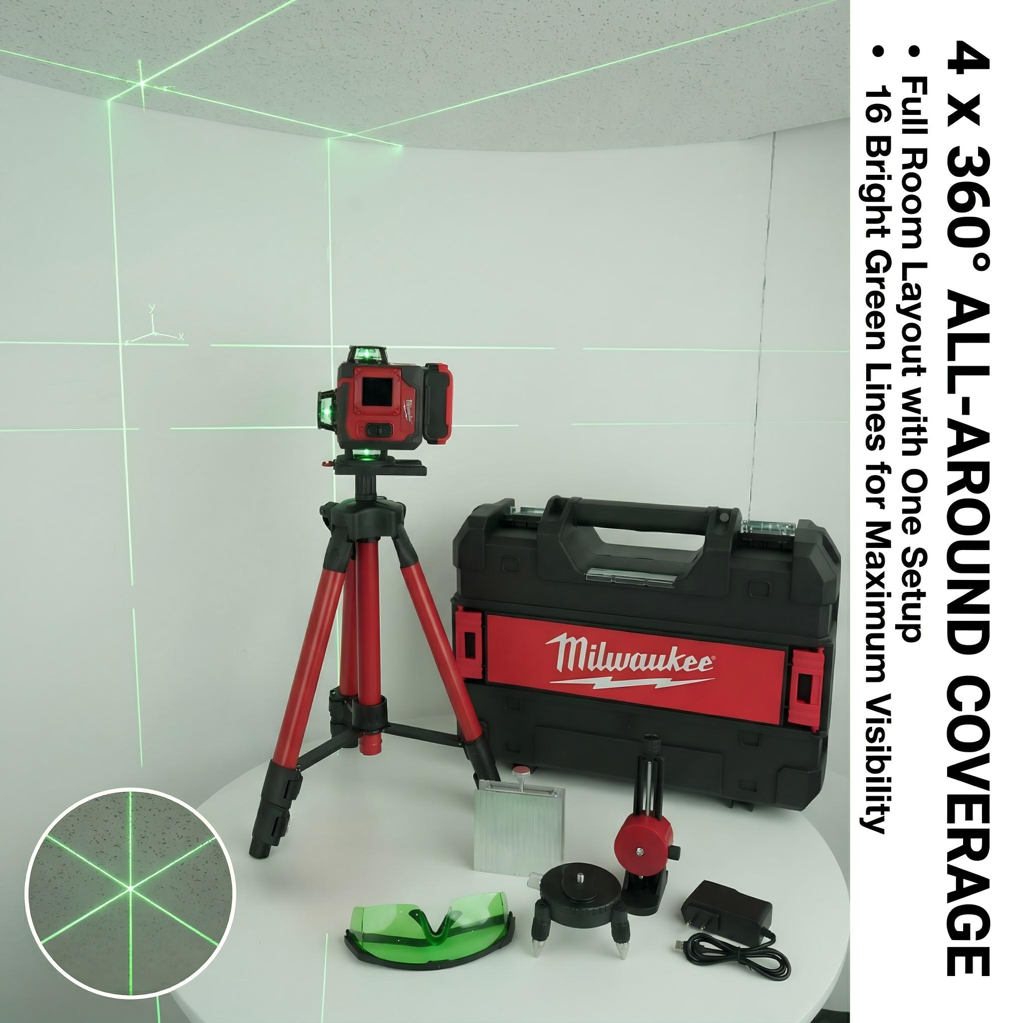 Milwaukee 16 Line Laser Level Kit With Battery Charger For Construction Surveying Precision  green beam horizontal durable tool