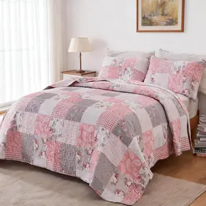 Floral Patchwork Set Full Queen Size Quilted Bedspread Coverlet Set 3-Piece 0330 (Pink & Grey, King)