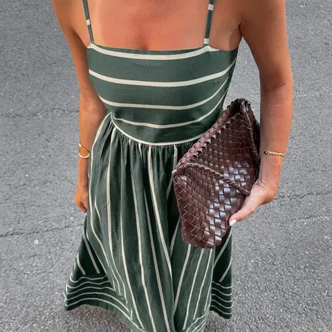 Women's Casual Striped Print Cami Dress, High Waist A-Line Long Dress for Vacation, French Vintage Style, Slim-Fit, Frenchy Style Dress