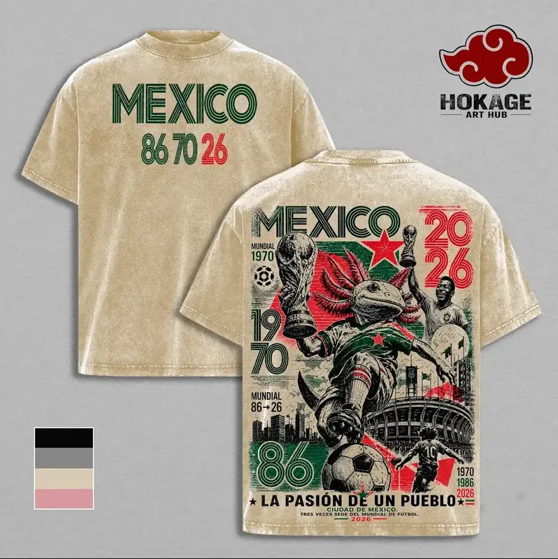 Women's Short-Sleeve Vintage Soccer T-Shirt - Mexico 86 70 26 United World Football Tour 2026 Retro Axolotl Graphic, Oversized Heavyweight Cotton Casual Novelty Tops, Mexico Football Fan Streetwear Gift Apparel, Shortsleeve