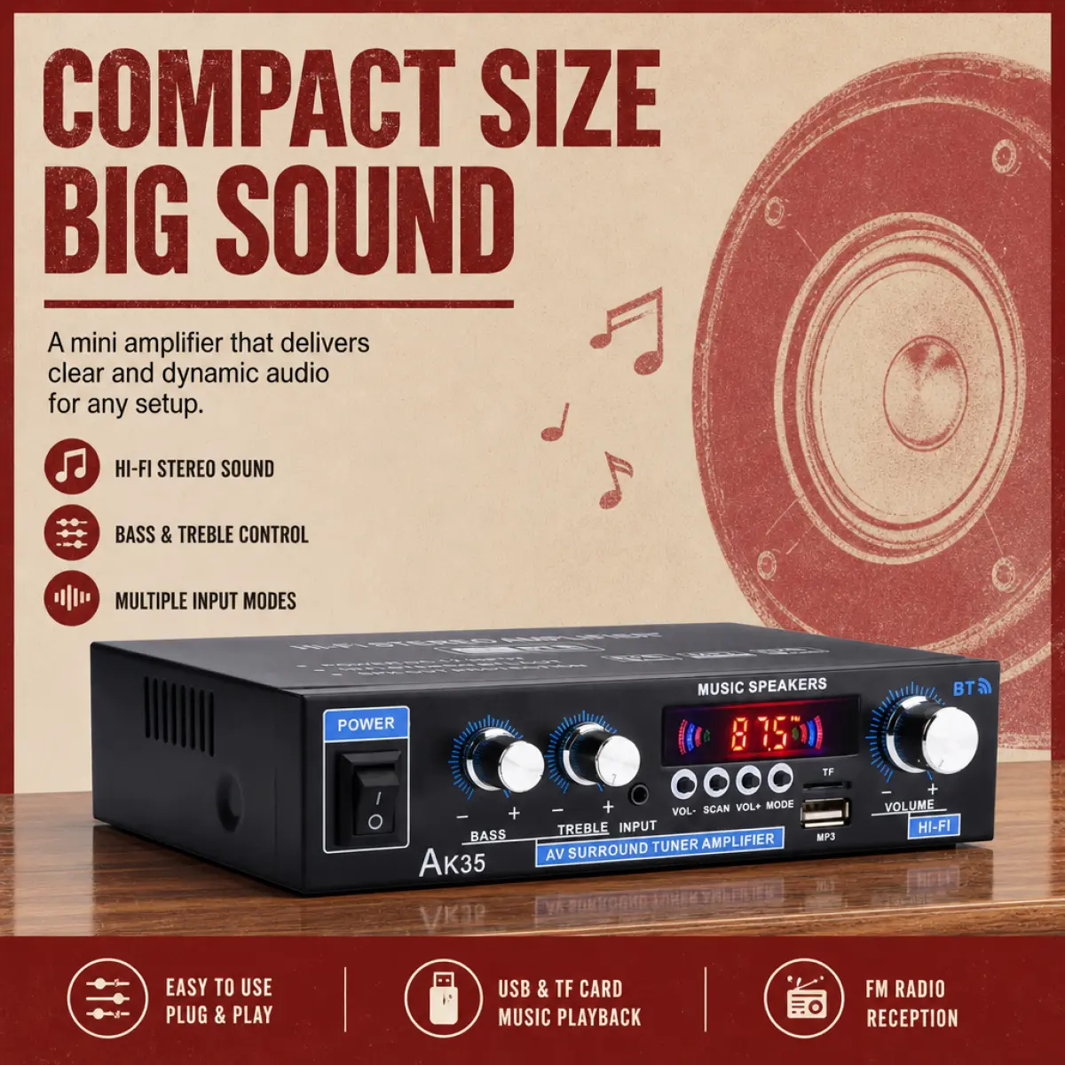 Compact 2.0 Channel Hi-Fi Audio Amplifier - Bluetooth 5.0 Receiver with USB/SD/AUX Inputs, FM Radio, Karaoke Support, Custom EQ, Remote Control, Plug-In Design for Home Theater, Smartphone, Space-Saving Use with Passive Speakers