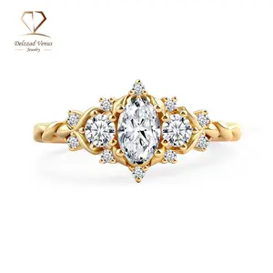 Delzzad 0.7ct Vintage Cluster Oval Cut Engagement Ring Band VVS Synthetic Moissanite Ring Jewelry S925 Perfect Birthday Engagement Wedding Anniversary Christmas Gift