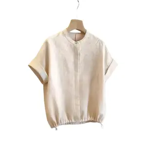 Women's Linen-Cotton Blend Cropped Short-Sleeve Blouse, Drawstring Hem, Casual Summer Shirt for Effortless Everyday Chic