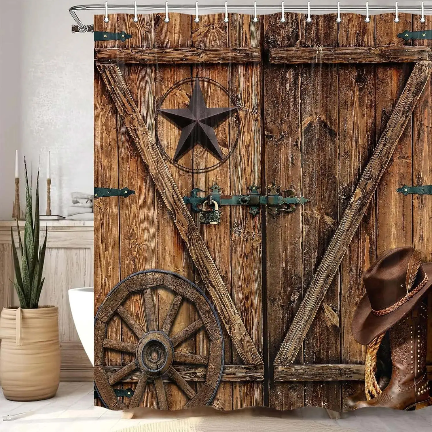 1pcs Texas Star Western Barn Door Shower Curtain  for Bathroom,Cowboy Hat Boots Wheel Decor Curtain, Vintage Rustic Wooden Board Farmhouse Bath Curtain with Hooks