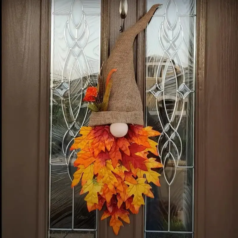 Autumn Maple Leaf Gnome Hat Ornament, Vibrant Thanksgiving & Christmas Decor, Durable Vinyl Fabric Harvest Season Door Decoration