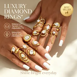luck jewelry Geometric Open Ring for Women, 18K Gold-Plated Stainless Steel Adjustable Ring with Cubic Zirconia, Minimalist Stackable