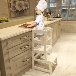 Kitchen Step Stool for Toddlers with Non-Slip Mat, Wooden Kids Montessori Learning Stool Tower, Toddler Standing Tower Helper for Kitchen Counter and Bathroom Sink(White)