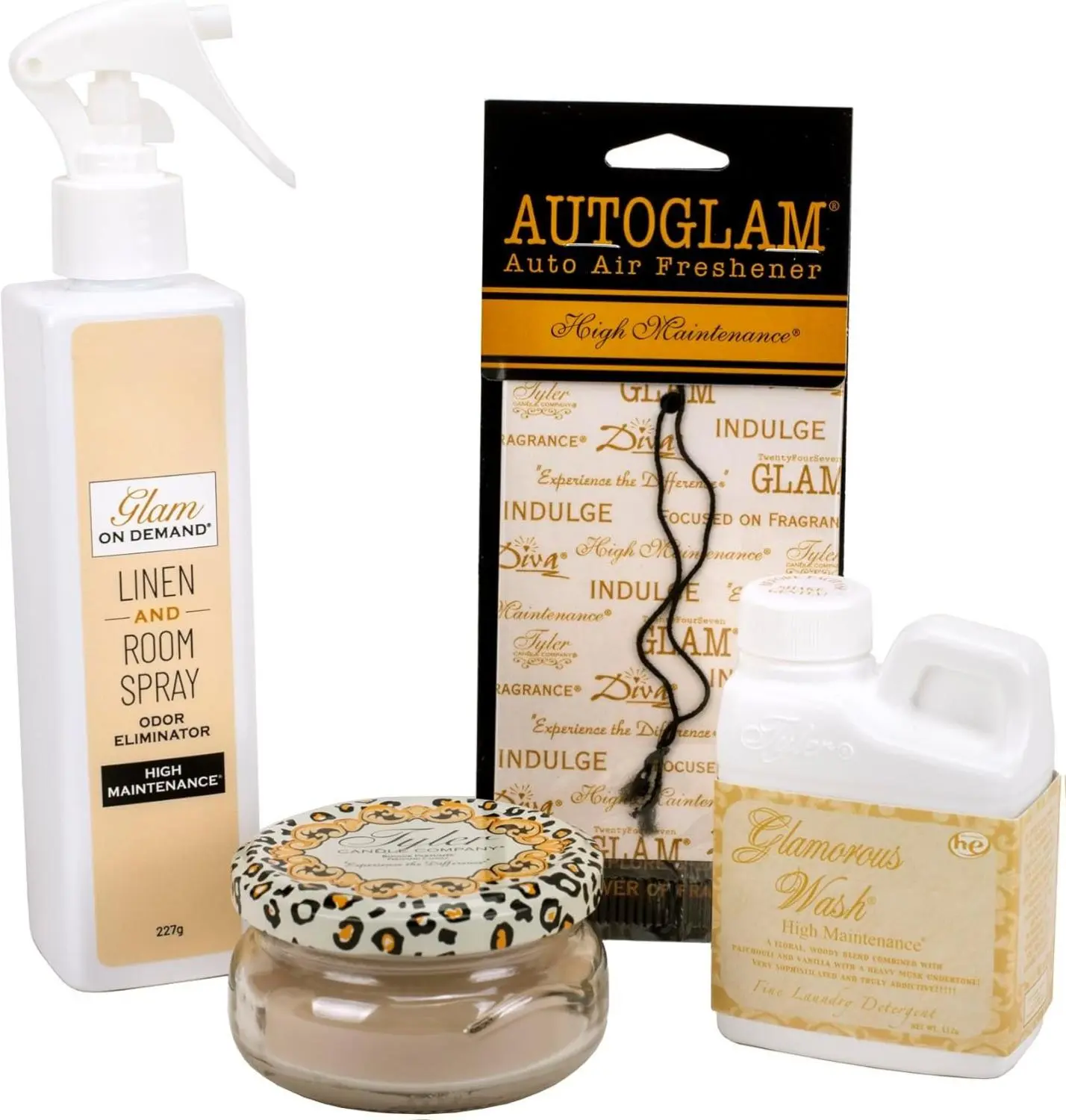 High Maintenance - 4 Ounce Laundry Detergent - 8 Ounce Room Spray - 3 Ounce Jar Candle - Autoglam Air Freshener Gift Suite; Set of 4