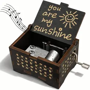 You Are My Sunshine Wooden Music Box Hand-Cranked Vintage Engraved Music Box Classic Melody Retro Gift for Mom Daughter Kids Birthday Anniversary Wedding