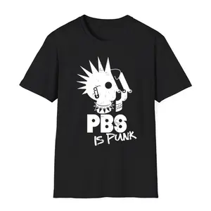 PBS Is Punk T-Shirt, Funny Retro Punk Rock Parody Tee with Spiky Hair & Safety Pins, Public Broadcasting Defender Shirt for Rebels