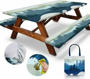 RNOONY Stretch Tablecloth with Bench Covers & Carrying Bag - Waterproof Polyester Picnic Table Cover Set for Outdoor Patio Furniture - 72"x30" Fitted Tablecloth with Elastic All Around - Machine Washable & Durable Design