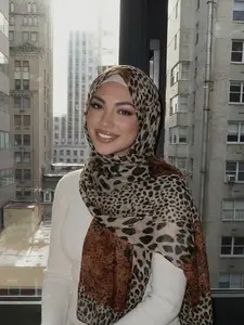 Boho Leopard Print Balikhi Scarf, Four-Season Sun Protection Headscarf, Elegant Travel Accessory for Women, Summer Vacation Style, Turban Hijab, Wrap