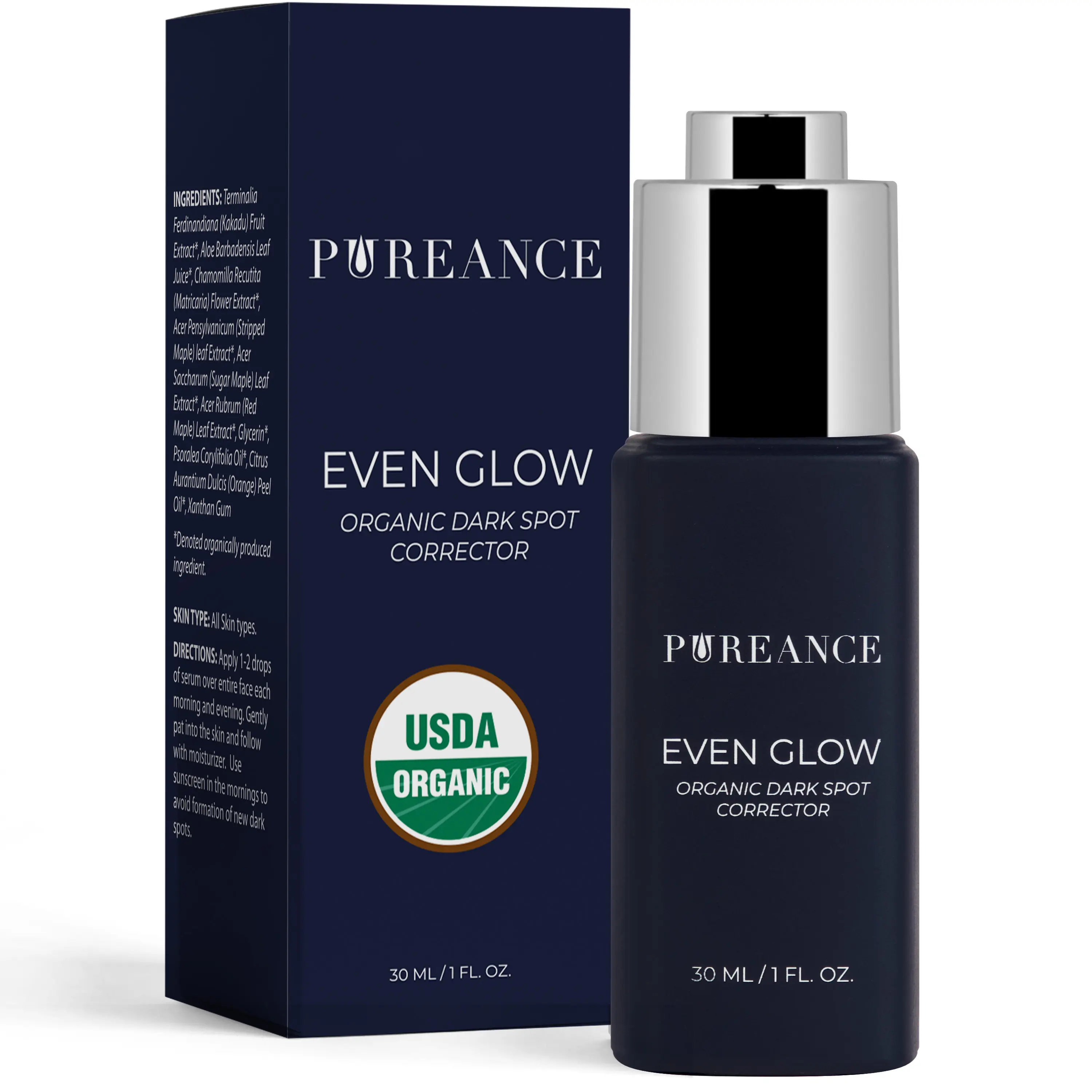PUREANCE Even Glow Dark Spot Remover Serum - All Skin Types, Hydrating, Even Skin Tone, Brighten Dullness, Boost Radiance, Lightweight Firming, Natural AHA, Oil Control, 1 Fl Oz Single Item