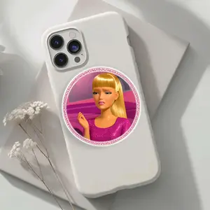 Sad Blonde Doll Phone Grip, Pink Glitter Round Phone Holder, Emotional Girl Phone Stand, Cute Accessory Gift