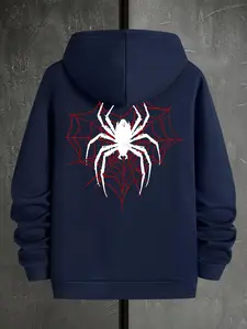 Men's Spider & Spider Web Print Drop Shoulder Graphic Print Hoodie, Fashion Casual Streetwear Regular Fit Drawstring Pocket Hooded Sweatshirt for Daily Holiday Outdoor Wear, Men Clothes for Spring & Fall, Halloween