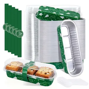 100 Pcs Christmas Mini Loaf Pans with Lids and Forks Mini Cake Pans Green Xmas Tree Rectangular Aluminum Foil Baking Pan for Muffin Ramekins Party Picnic Supplies