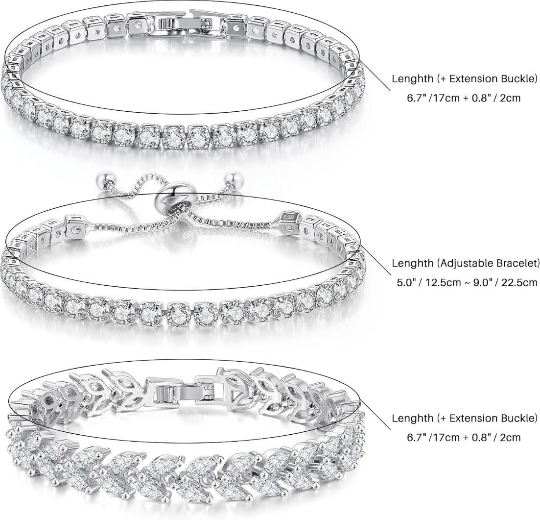 3 Pcs Tennis Bracelet Set 14K Gold Plated Marquise Cubic Zirconia CZ Diamond Dainty Adjustable Silver Bracelets for Women Brides Stackable Fashion Jewelry Wedding Prom Gift