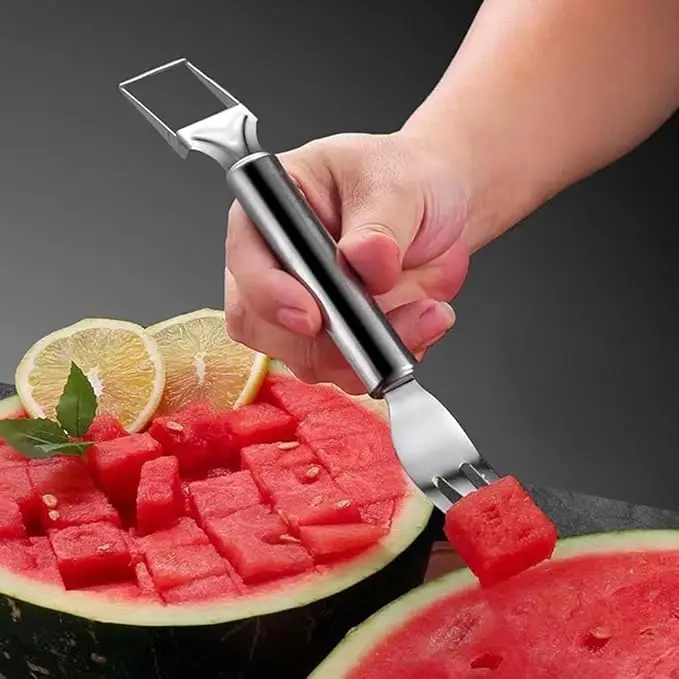 【2 Pack】Watermelon Fork Slicer,Watermelon Slicer Cube Cutter Tool, 2-in-1 Stainless Steel Fruit Cutter, Dual Head Fruit Forks Slicer Knife with Round