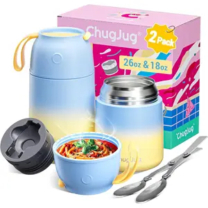 2 Pack Insulated Food Jar Set, 26oz & 18oz Stainless Steel Vacuum Insulated Soup Containers for Hot Food, Leak-Proof Thermal Food Jars with Spoons, Cute Stylish Design for School, Work & Travel(Blue)