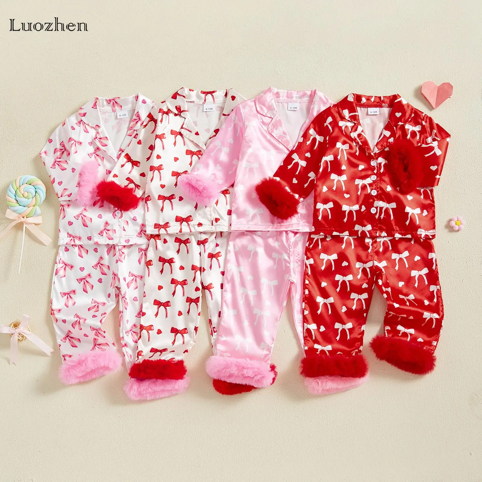 Infant and toddler baby girl sweet and cute Valentine's Day pajama set with bow print plush lapel long sleeve top and pants with soft fabric and comfo